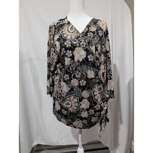 Brittany Black Women's Plus Size 1X Boho Blouse Shirt Faux Wrap Top Paisley EUC